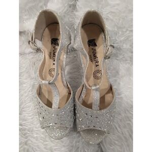 Jumeira Shoes Silver Glitter Rhinestone Heels Platform T Strap Buckle 7/7.5